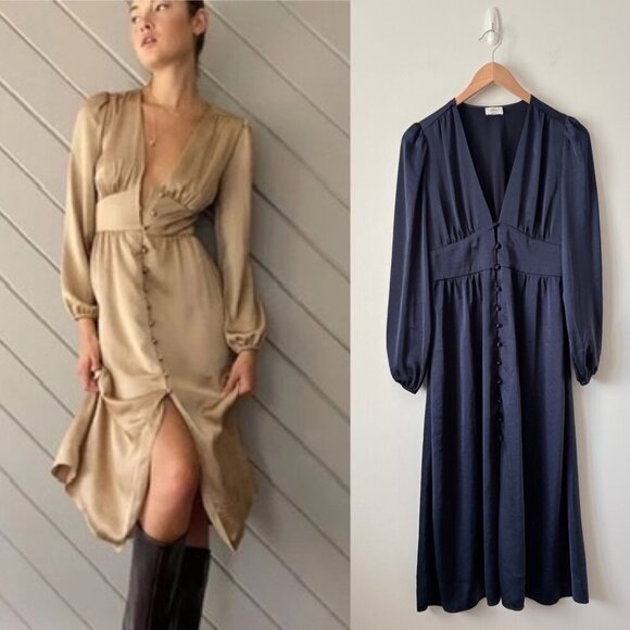 Aritzia Wilfred Maxine Midi Dress Satin Navy Blue Size Small - Picture 1 of 9